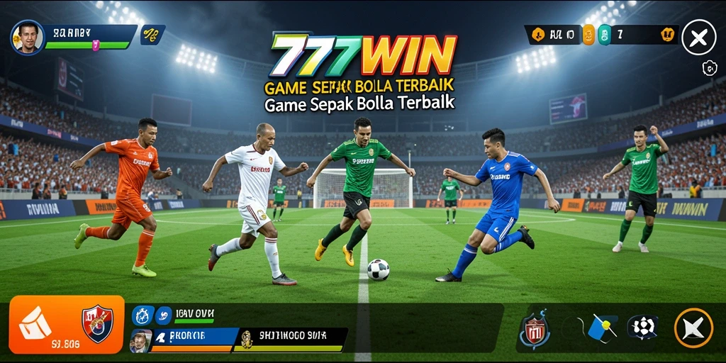 Screenshot utama <strong>777WIN</strong> menampilkan aksi dalam pertandingan sepak bola yang seru.
