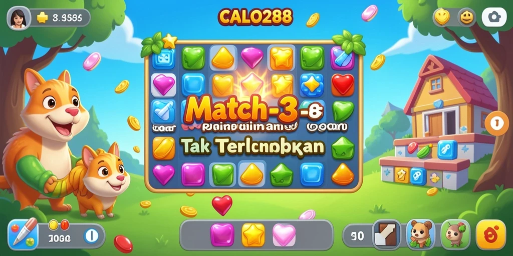 Tampilan gameplay menarik dengan berbagai objek Match-3.