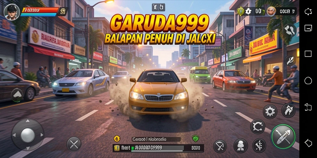 Tangkapan layar menunjukkan aksi balapan intens di <strong>GARUDA999</strong> dengan kendaraan mengesankan.