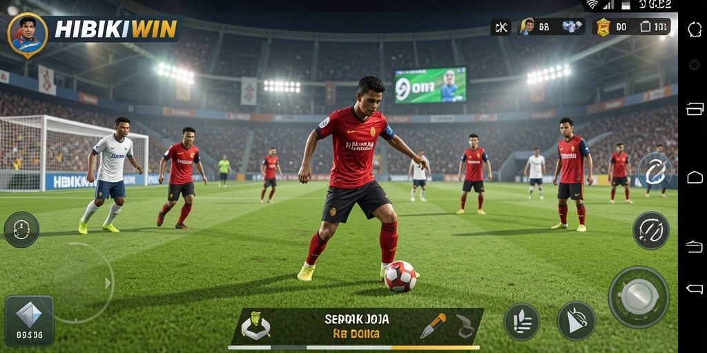 Tampilan gameplay HIBIKIWIN dengan aksi sepak bola yang seru.