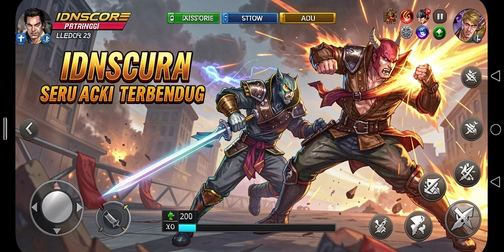 Tangkapan layar gameplay IDNSCORE menampilkan aksi seru dan karakter karakter unik.