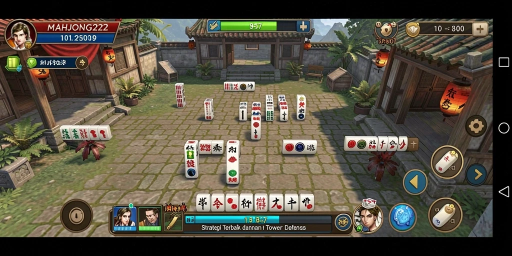 Tampilan gameplay menegangkan dalam MAHJONG222 dengan pertahanan tower yang strategis.