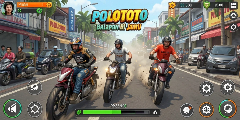 Screenshot gameplay POLOTOTO memperlihatkan balapan yang mendebarkan dan kendaraan cepat.