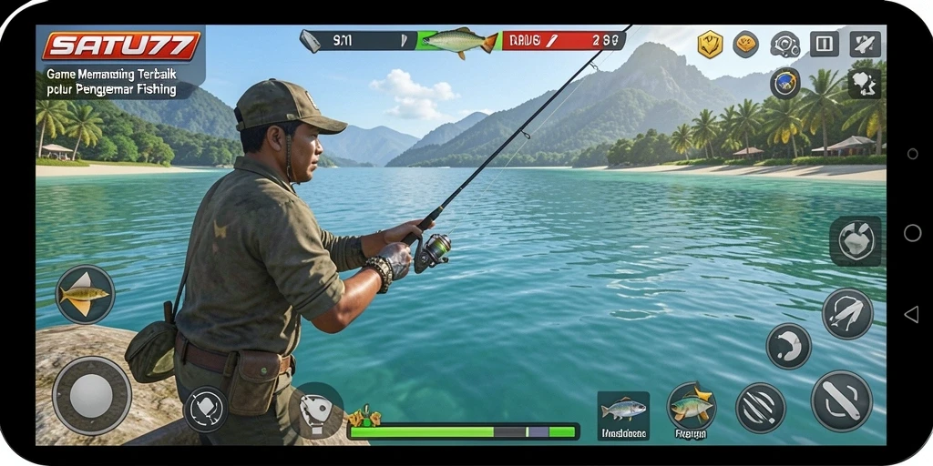 Screenshot menunjukkan momen menangkap ikan di <strong>SATU77</strong>.
