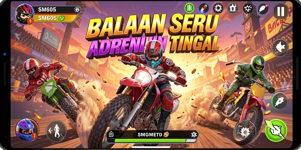 Tangkapan layar utama SM605 menampilkan aksi balapan yang mendebarkan.